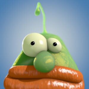 A 3D image we created, a green monster with an antenna and big, green lips.