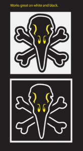 Do It Right Computers designs logos that work on any background, such as this one that looks good on white or black background. (A skull and crossbones, with a raven head.)